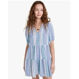 Velvet by Graham & Spencer Monique Blue Puff Sleeve V-Neck Tiered A-line Dress L